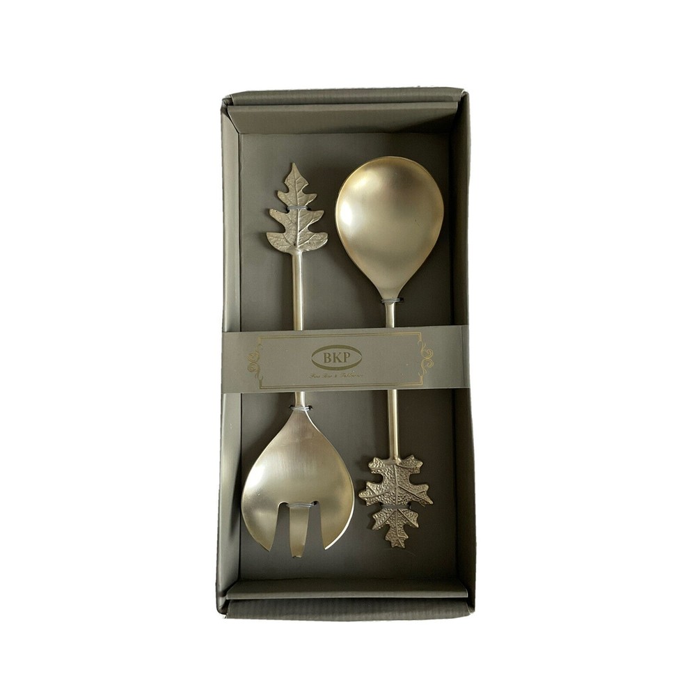 BKP Fine Bar And Tableware Fall Leaf Serving Fork & Spoon Gold Color NEW
